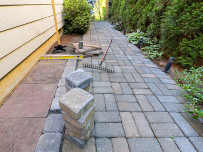 Stone,pavers,and,tiles,for,side,yard,patio,hardscape,with