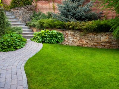 Garden,stone,path,with,grass,growing,up,between,the,stones.detail