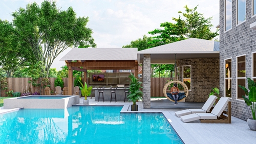 3d,render,of,modern,backyard,pool,,outdoor,kitchen,and,fire