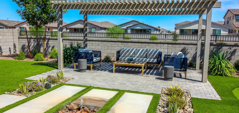Rear,yard,lattice,pergola,with,wicker,patio,furniture