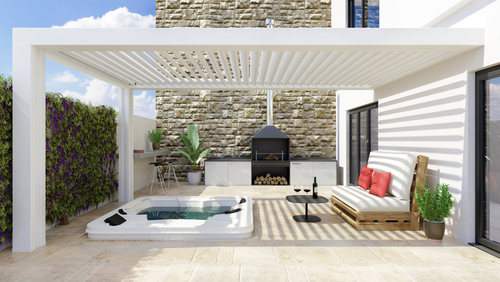 3d,illustration,of,modern,urban,patio,with,white,bioclimatic,pergola